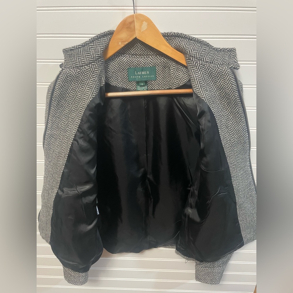 Lauren Ralph Lauren Black & White Herringbone Jacket Wool Alpaca Leather Size 4 - Picture 3 of 11